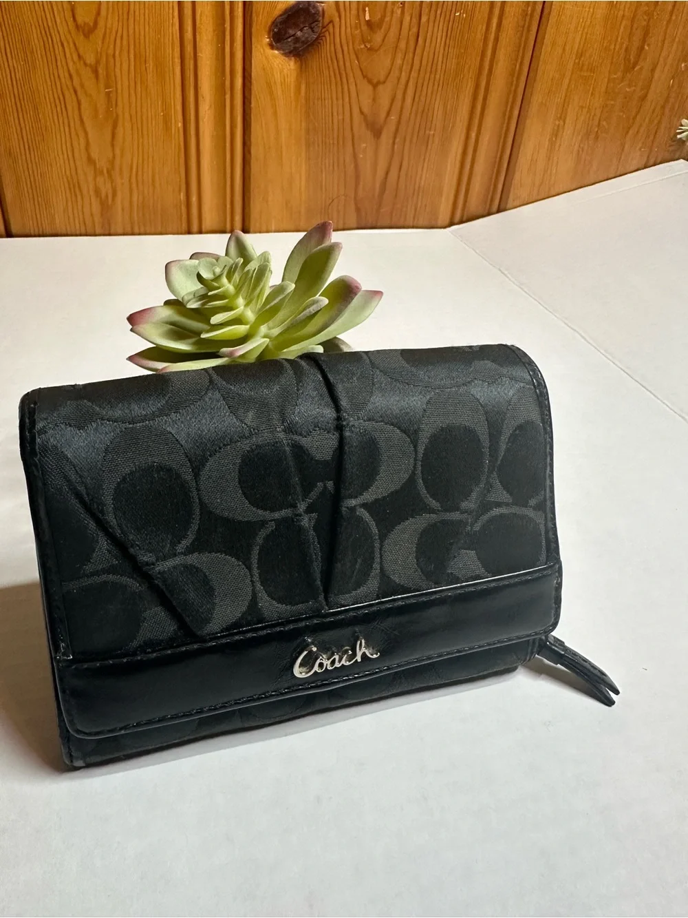 Coach Black Signature Logo Compact Wallet with Silver Logo